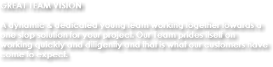 GREAT TEAM VISION A dynamic & dedicated young team working together towards a one stop solution for your project. Our Team prides itself on working quickly and diligently and that is what our customers have come to expect.